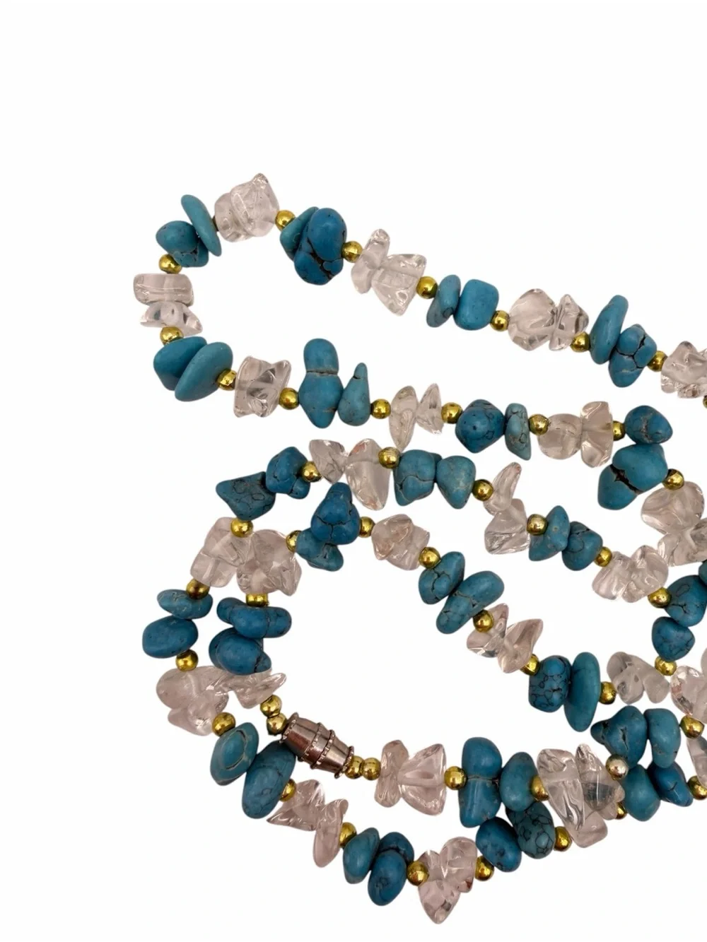 Vintage Turquoise Clear Quartz Stone Chip Beaded Necklace Gold Tone 23” Boho